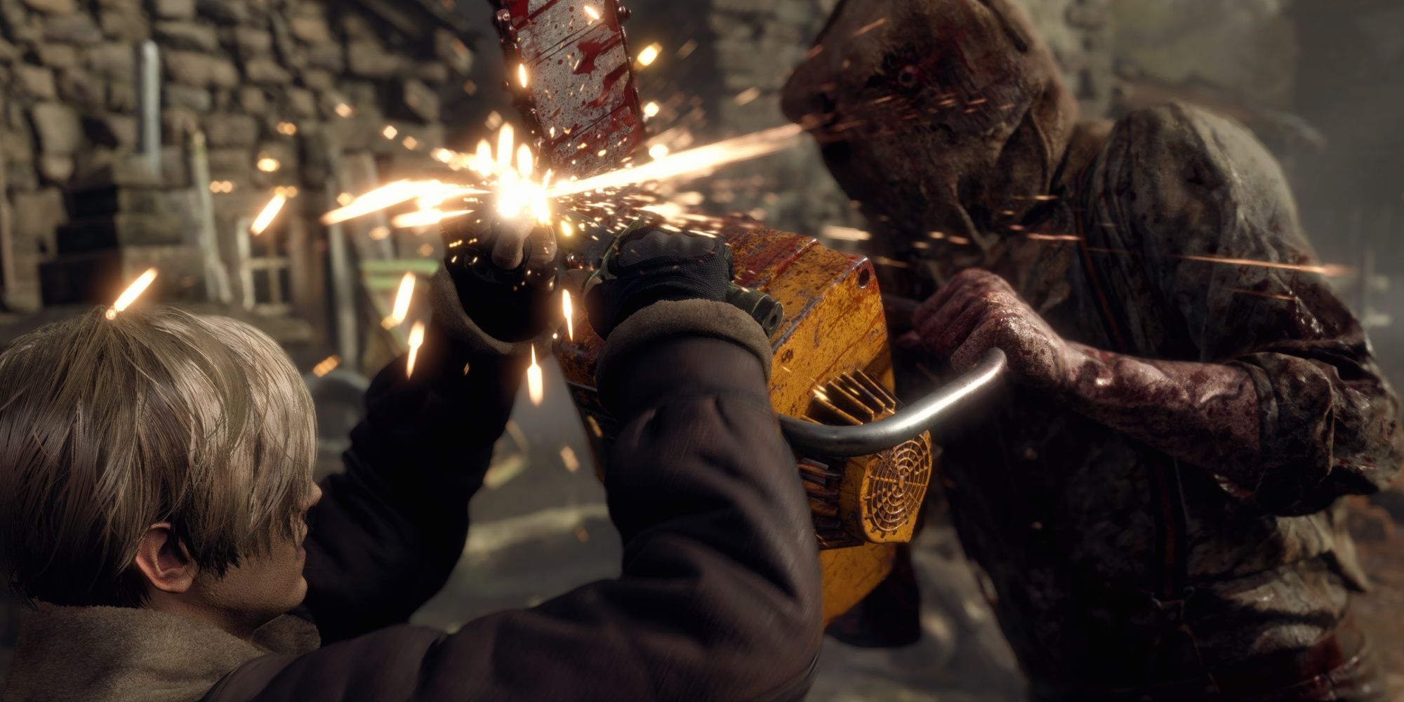 Resident Evil 4 Remake: Leon Uses His Knife To Block Salvadors Chainsaw